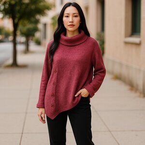 * STUDIO 1886 Maroon Button Trim Accents Turtleneck Tunic Ladies L 12 14